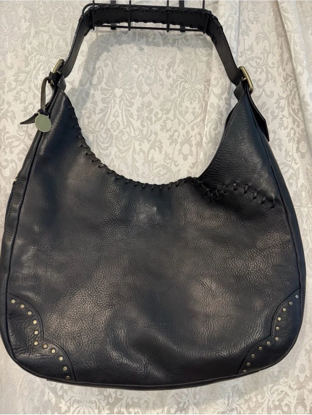 Dooney & Bourke Vintage Black Leather Whipstitch Studded Large Hobo Bag